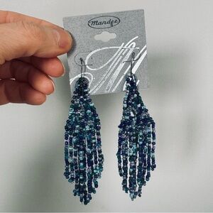 Bohemian BOHO Blue Seed Beads Tassel Fringe Drop Earrings Handmade 4"